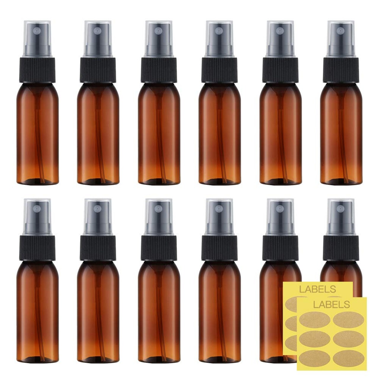 12 Pack 1 oz Amber Mini Spray Bottles, 30ml Fine Mist Travel Atomizer Empty Refillable Plastic Spray Bottles with Protective Caps for Perfume, Cologne, Alcohol, Water, Samples & Travel Use